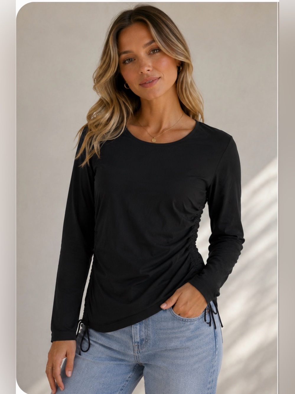 Theory Black Ruched Long Sleeve Stretch Silk Crepe Blouse NWOT